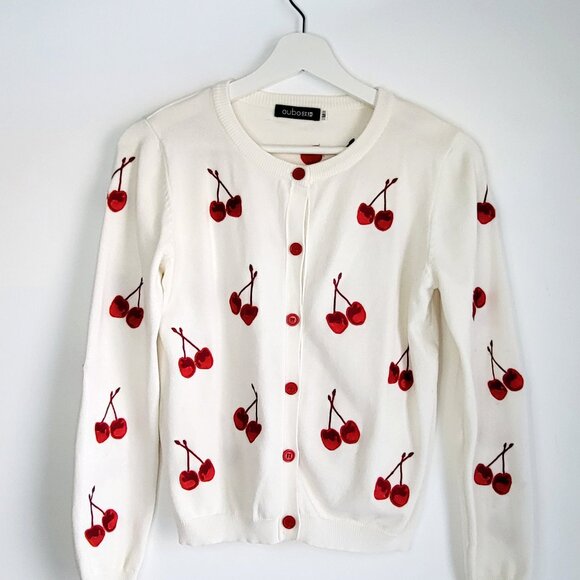 Cherry Embroidered Cardigan • White Knit Button-Up Sweater • S - Picture 1 of 6